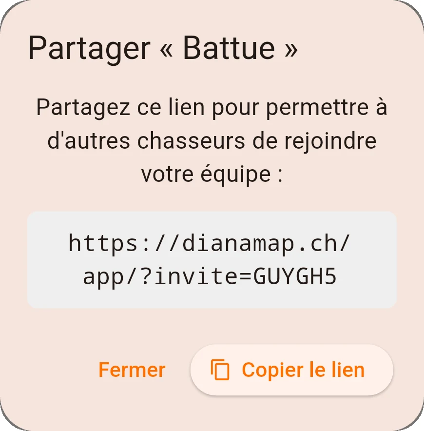 Le lien d'invitation d'une équipe, prêt à être copié et envoyé