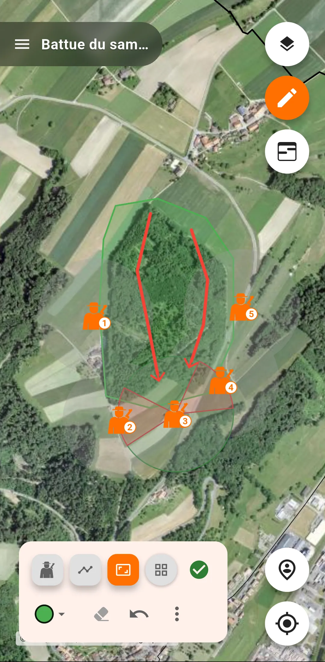 Un plan de battue sur Dianamap : postes numérotés, poussée et zone, avec la palette de dessin