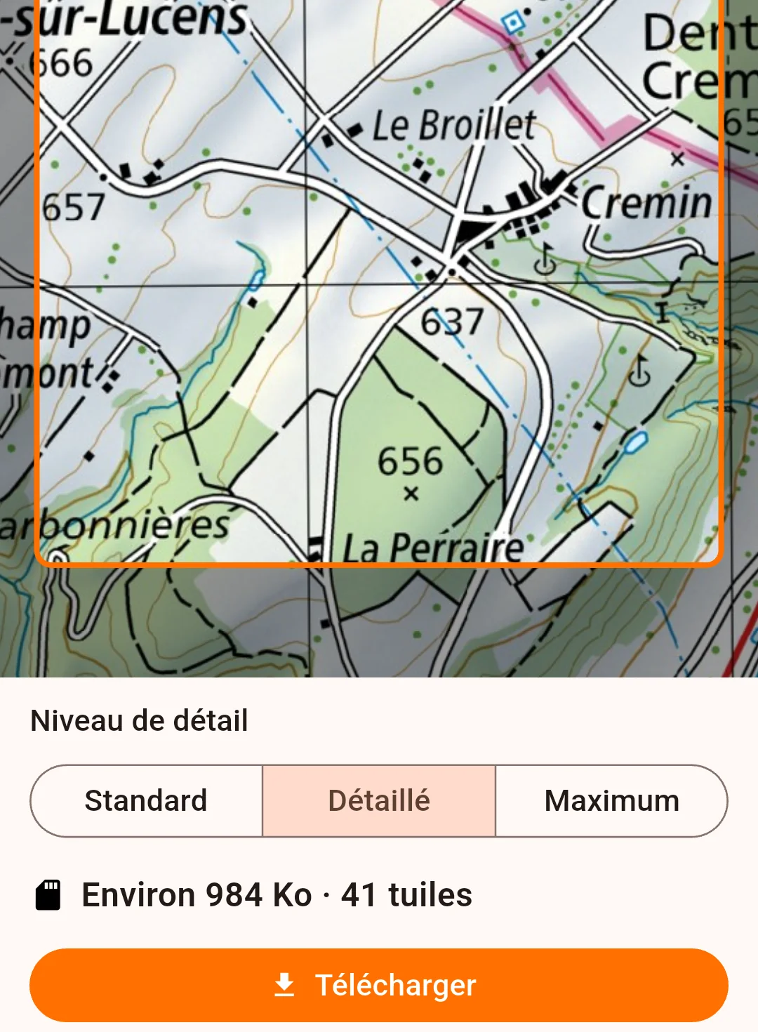 Choix d'un secteur à garder hors ligne : zone encadrée sur la carte, niveau de détail et taille du téléchargement